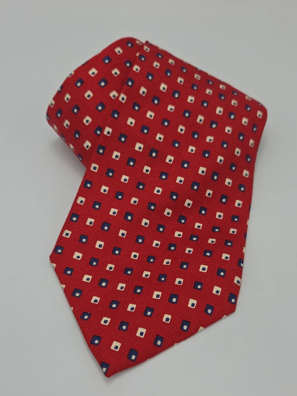 Polo University Ralph Lauren Red Tie with Navy and Cream Geometric Dots